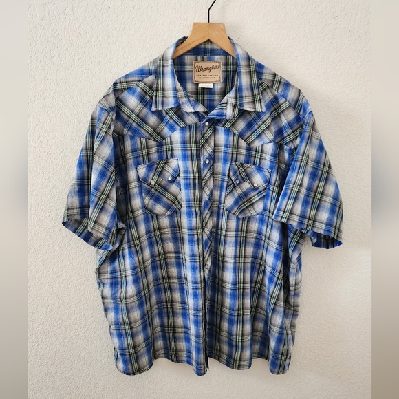 Wrangler Men’s Blue Black Plaid Snap Pearl Short Sleeve Casual Shirt 3XL - Picture 1 of 4